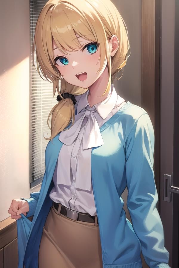 ellenbaker, <lora:ellenbaker-lora-nochekaiser:1>,ellen baker, blonde hair, (green eyes:1.5), long hair, ponytail, scrunchie, <lora:talkmouth_A_v100:0.8>, open mouth,BREAK shirt, white shirt, collared shirt, cardigan, blue cardigan, belt, skirt, brown skirt, pencil skirt,BREAK indoors, classroom,BREAK looking at viewer, (cowboy shot:1.5),BREAK <lyco:GoodHands-beta2:1>, (masterpiece:1.2), best quality, high resolution, unity 8k wallpaper, (illustration:0.8), (beautiful detailed eyes:1.6), extremely detailed face, perfect lighting, extremely detailed CG, (perfect hands, perfect anatomy),