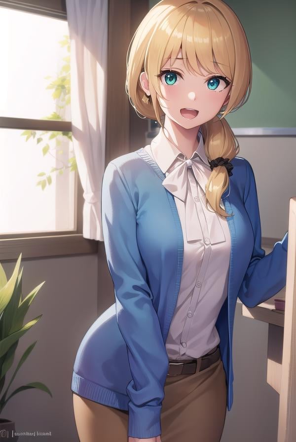 ellenbaker, <lora:ellenbaker-lora-nochekaiser:1>,ellen baker, blonde hair, (green eyes:1.5), long hair, ponytail, scrunchie, <lora:talkmouth_A_v100:0.8>, open mouth,BREAK shirt, white shirt, collared shirt, cardigan, blue cardigan, belt, skirt, brown skirt, pencil skirt,BREAK indoors, classroom,BREAK looking at viewer, (cowboy shot:1.5),BREAK <lyco:GoodHands-beta2:1>, (masterpiece:1.2), best quality, high resolution, unity 8k wallpaper, (illustration:0.8), (beautiful detailed eyes:1.6), extremely detailed face, perfect lighting, extremely detailed CG, (perfect hands, perfect anatomy),