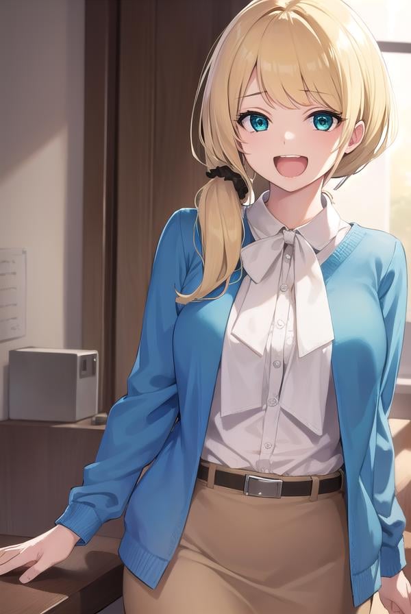 ellenbaker, <lora:ellenbaker-lora-nochekaiser:1>,ellen baker, blonde hair, (green eyes:1.5), long hair, ponytail, scrunchie, <lora:talkmouth_A_v100:0.8>, open mouth,BREAK shirt, white shirt, collared shirt, cardigan, blue cardigan, belt, skirt, brown skirt, pencil skirt,BREAK indoors, classroom,BREAK looking at viewer, (cowboy shot:1.5),BREAK <lyco:GoodHands-beta2:1>, (masterpiece:1.2), best quality, high resolution, unity 8k wallpaper, (illustration:0.8), (beautiful detailed eyes:1.6), extremely detailed face, perfect lighting, extremely detailed CG, (perfect hands, perfect anatomy),