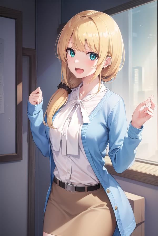 ellenbaker, <lora:ellenbaker-lora-nochekaiser:1>,ellen baker, blonde hair, (green eyes:1.5), long hair, ponytail, scrunchie, <lora:talkmouth_A_v100:0.8>, open mouth,BREAK shirt, white shirt, collared shirt, cardigan, blue cardigan, belt, skirt, brown skirt, pencil skirt,BREAK indoors, classroom,BREAK looking at viewer, (cowboy shot:1.5),BREAK <lyco:GoodHands-beta2:1>, (masterpiece:1.2), best quality, high resolution, unity 8k wallpaper, (illustration:0.8), (beautiful detailed eyes:1.6), extremely detailed face, perfect lighting, extremely detailed CG, (perfect hands, perfect anatomy),