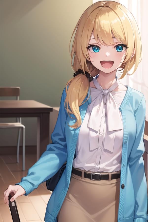 ellenbaker, <lora:ellenbaker-lora-nochekaiser:1>,ellen baker, blonde hair, (green eyes:1.5), long hair, ponytail, scrunchie, <lora:talkmouth_A_v100:0.8>, open mouth,BREAK shirt, white shirt, collared shirt, cardigan, blue cardigan, belt, skirt, brown skirt, pencil skirt,BREAK indoors, classroom,BREAK looking at viewer, (cowboy shot:1.5),BREAK <lyco:GoodHands-beta2:1>, (masterpiece:1.2), best quality, high resolution, unity 8k wallpaper, (illustration:0.8), (beautiful detailed eyes:1.6), extremely detailed face, perfect lighting, extremely detailed CG, (perfect hands, perfect anatomy),