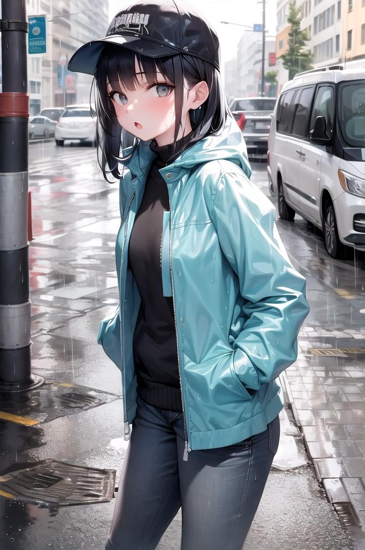 masterpiece, best quality, 1girl, detailed, rain, raincoat, (hands in pockets), wet, pavement, hat, grey eyes, jeans, black hair, looking at viewer, :o,