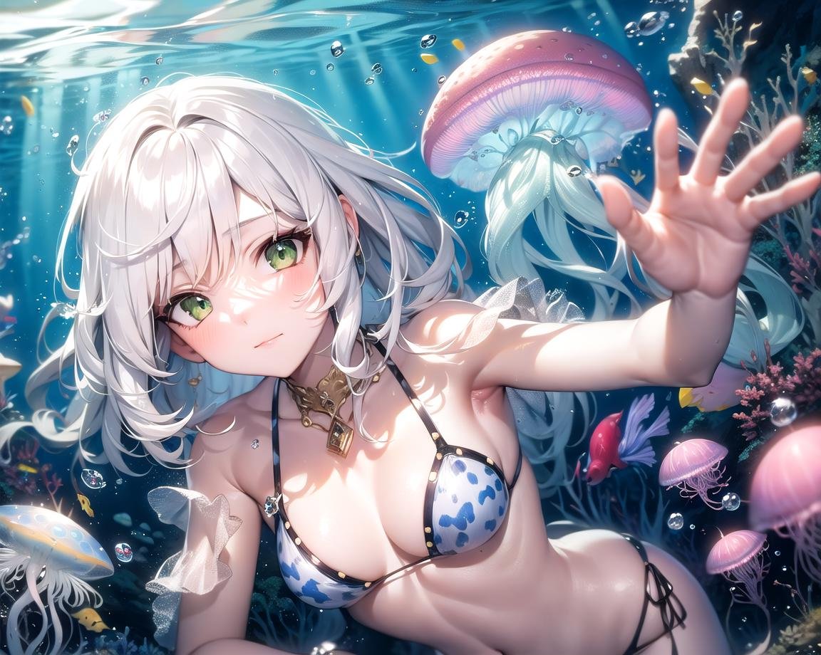 masterpiece, best quality, 1girl, white hair, green eyes, medium hair, jellyfish, fish, underwater, bikini, closed mouth,