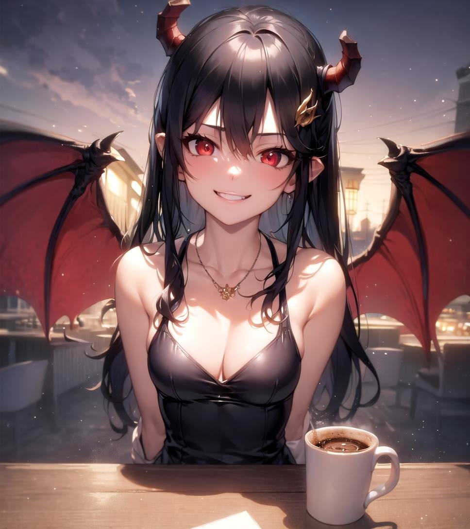 masterpiece, best quality, 1girl, pov, (cup coffee), black hair, looking at viewer, long sleeves, evil smile, necklace, hair ornament, red eyes, outdoors, table, arms behind back, demon girl, wings, night, medium breasts,