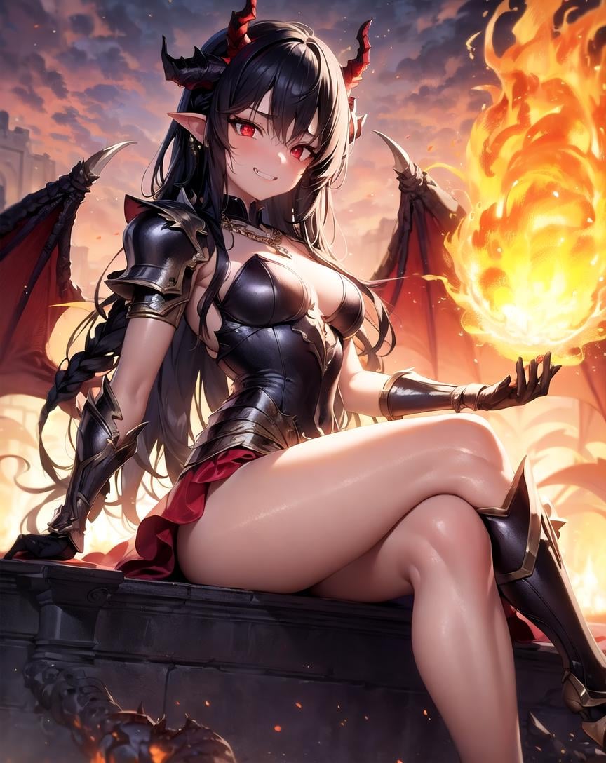 masterpiece, best quality, 1girl, black hair, necklace, red eyes, outdoors, dragon girl, dress, horns, ruins, medium breasts, long hair, braid, armor, sitting, crossed legs, wings, magic, casting spell, fire, evil grin,