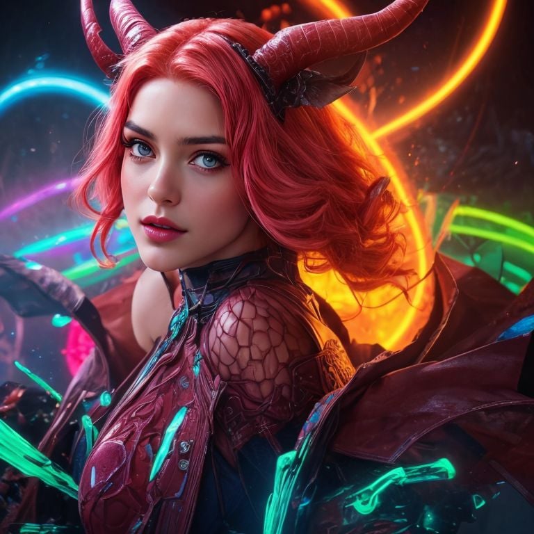 highly detailed, sharp focus, illustration, high sharpness, ultra realistic, masterpiece, standing, fantasy, queen, goddess, divine, cursed, dark fantasy, red neon demon eyes, (beautiful draenei horns), hair over one eye, night, red neon moon, gorgeous queen, succubus, perfect body, (neon colors), multicolored neon red hair, neon magic, neon splashes<lora:lilith1_v1-000002:0.7>(high detailed skin:1.1), [smiling | open mouth | closed mouth], full body, <lora:more_details:0.5><lora:add_detail:0.3><lora:polyhedron_skinny_all:0.2><lora:GoodHands-vanilla:1>