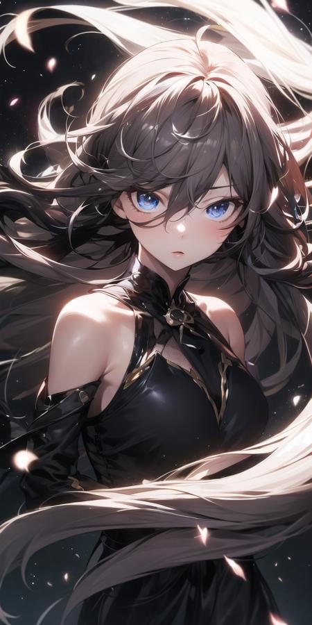 <lora:apstyle3diff:1> apstyle3 apstyle masterpiece best quality detailed eyesmasterpiece best quality 1girllong hair (messy hair floating :1.25) severe flownight darkblack background blackupper body  looking at viewer