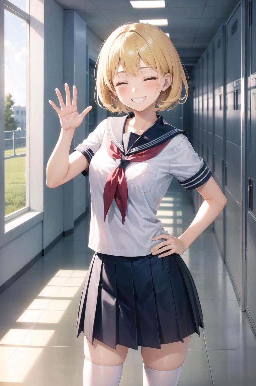 1girl, schoolgirl, school uniform, (waving at viewer:1.25), hallway, lockers, pov, closed eyes, happy, blonde hair, grin, (hand on hip:1.2), short hair, serafuku, white stockings, windows, sunlight, god rays, volumetric lighting, extravaganza