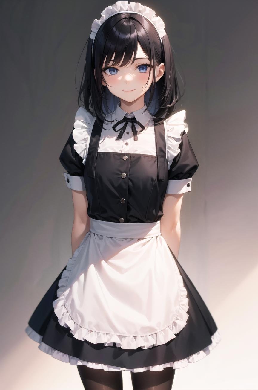 1girl, maid, standing, white backround, simple backround, pantyhose, (smile:0.8), arms at sides, perfect eyes, black hair