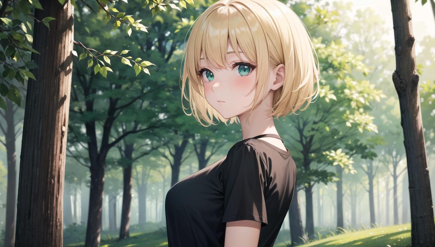 1girl, bangs, blonde_hair, blush, short hair, green eyes, full shot, solo, (portrait:0.5), beautiful backround, forest, (black shirt:1.2), (perfect eyes:1.2), arms at sides