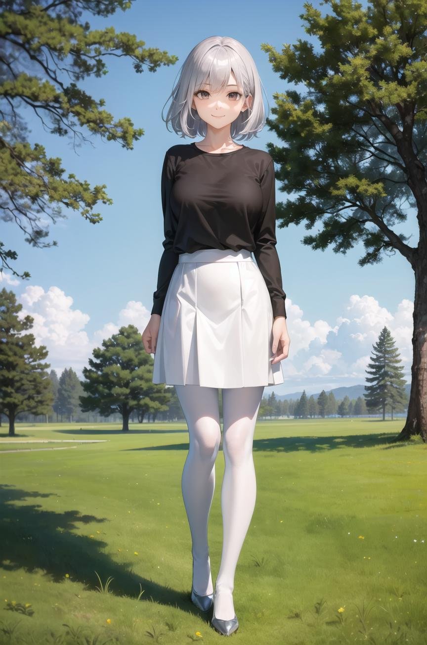 (Woman:1.2), bangs, black shirt, blue sky, (brown eyes:1.2), closed mouth, silver hair, day, grey hair, highres, looking at viewer, medium hair, full body, full shot, white skirt, smile, (arms at sides:1.2), solo, large breasts, (near tree:1.4), white pantyhose, grass, standing, black foot wear, (perfect eyes:1.2)