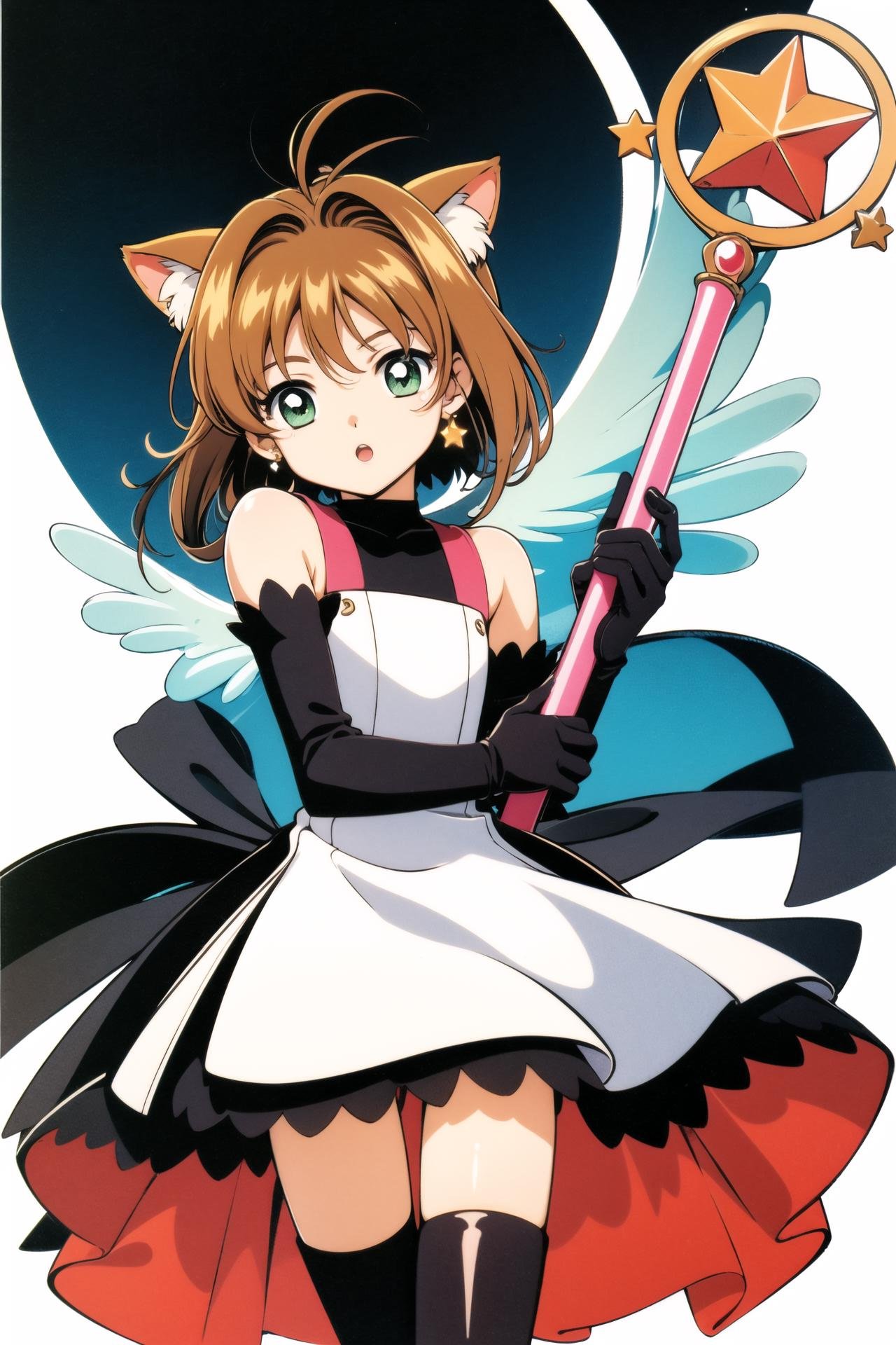 1girl, animal ears, cat ears, solo, black dress, dress, 1990s (style), green eyes, kinomoto sakura, black gloves, gloves, thighhighs, retro artstyle, holding, wand, short hair, looking at viewer, single thighhigh, blonde hair, white background, elbow gloves, antenna hair, fake animal ears, magical girl, black thighhighs, cowboy shot, hairband, ribbon, bangs, holding wand, wings, short dress, jewelry, brown hair, star (symbol), standing, :o, parted lips, earrings, simple background,   <lora:Card Captor Sakura Anime:0.8>