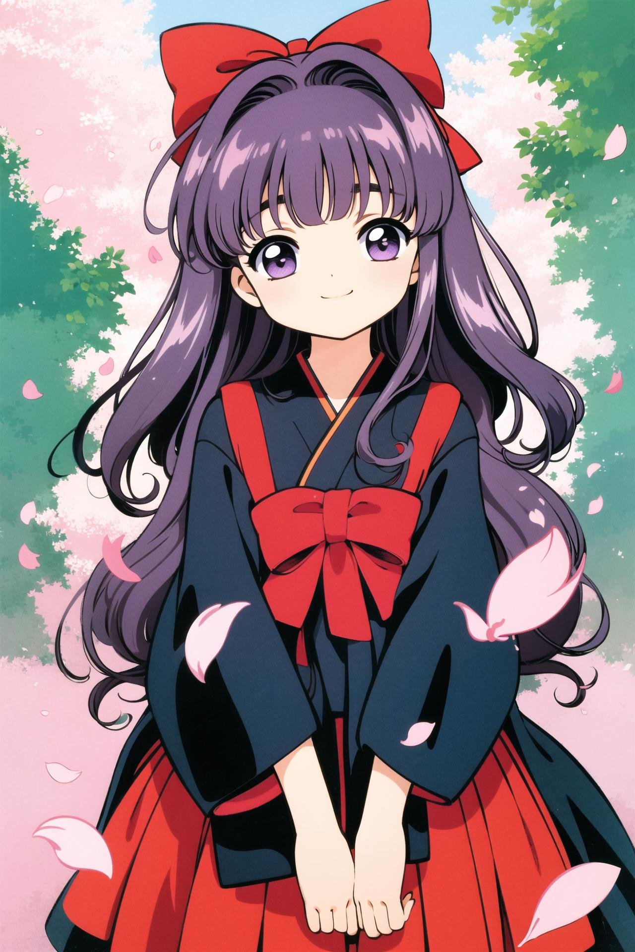 1girl, solo, cherry blossoms, meiji schoolgirl uniform, hakama, long hair, japanese clothes, skirt,  hakama skirt, 1990s (style), purple hair, petals, yagasuri, purple eyes, bangs, hair bow, retro artstyle, bow, daidouji tomoyo, smile, kimono, long sleeves, red hakama, red bow, wavy hair, wide sleeves, looking at viewer, blunt bangs, flower, traditional media,cowboy shot,   <lora:Card Captor Sakura Anime:0.8>