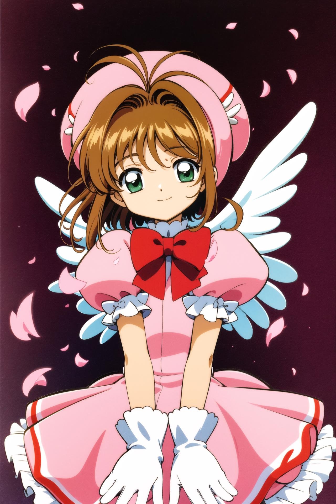 1girl, brown hair, kinomoto sakura, hat, gloves, dress, green eyes, white gloves, kero,  wings, magical girl, bow, short hair, short sleeves, pink headwear,  puffy sleeves, looking at viewer, puffy short sleeves, petals, smile, red bow,  antenna hair, frills, solo focus, white wings, <lora:Card Captor Sakura Anime:0.8>