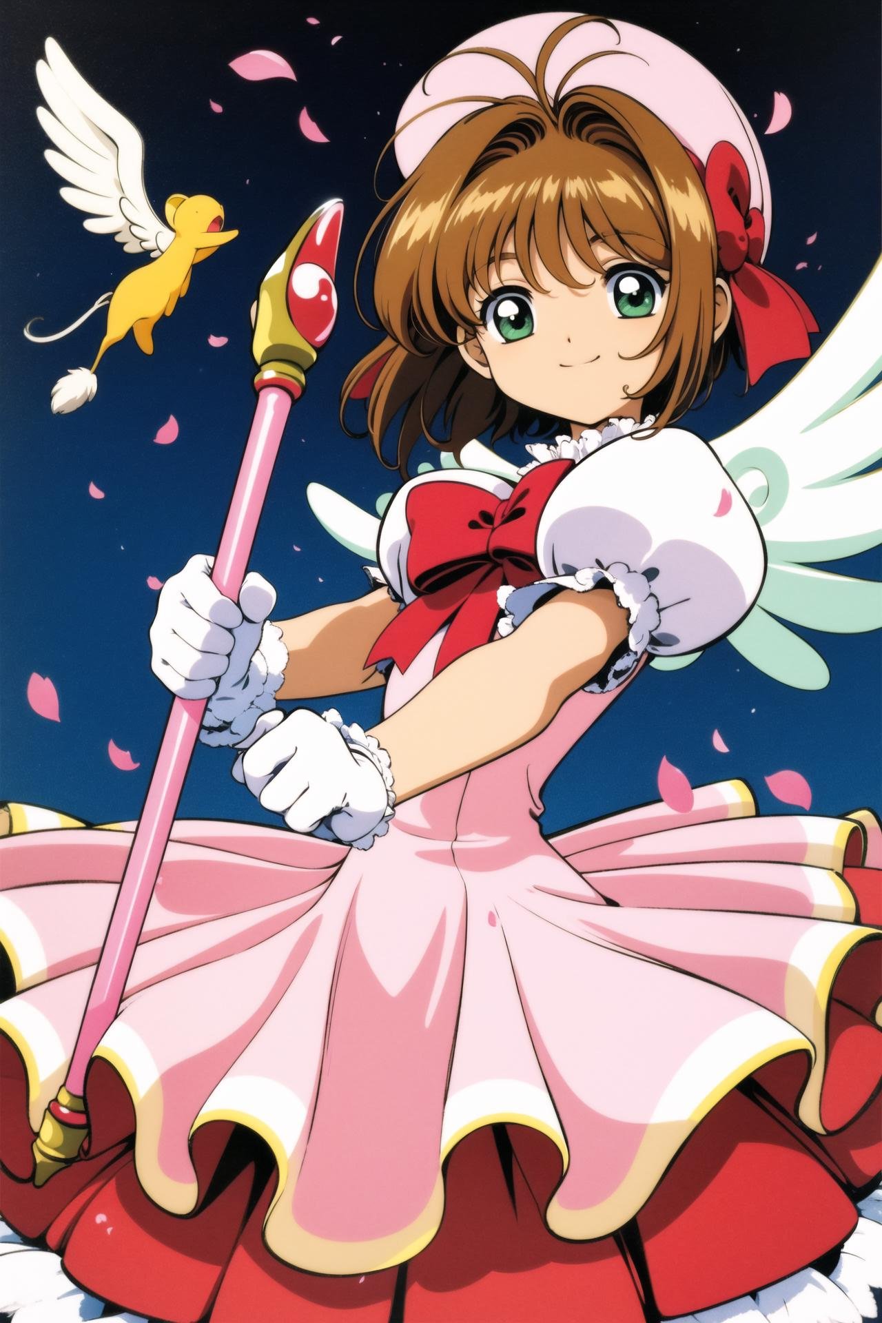 1girl, brown hair, kinomoto sakura, hat, gloves, dress, green eyes, white gloves, kero, fuuin no tsue, wings, magical girl, bow, short hair, short sleeves, pink headwear, holding, puffy sleeves, looking at viewer, puffy short sleeves, petals, smile, red bow, holding wand, antenna hair, frills, solo focus, white wings, <lora:Card Captor Sakura Anime:0.8>