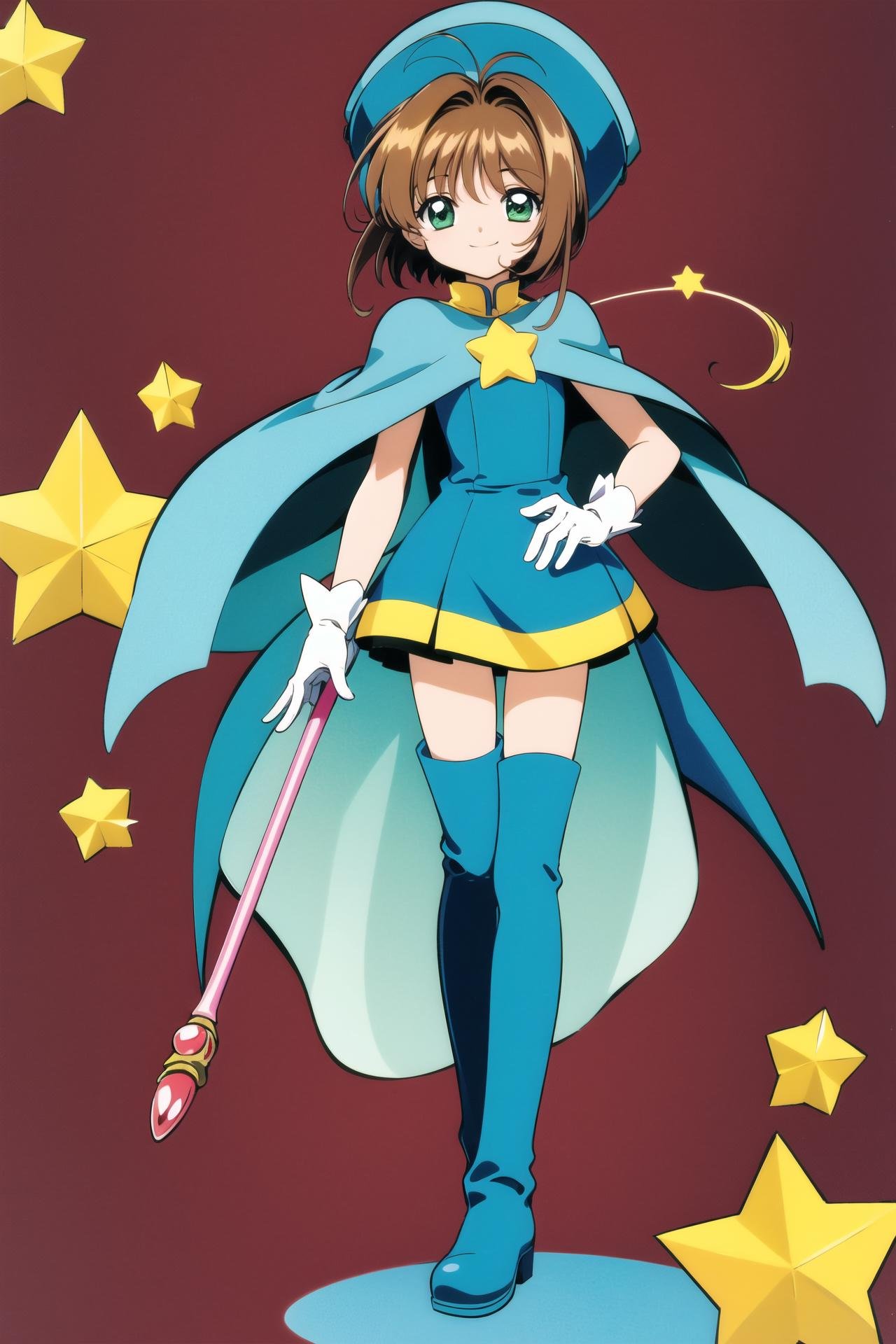 1girl, brown hair, hat, solo, kinomoto sakura, gloves, full body, boots, blue headwear, green eyes, blue footwear, thighhighs, short hair, dress, wand, star (symbol), magical girl, blue gloves, thigh boots, smile, cape, looking at viewer, standing, holding, antenna hair, holding wand, <lora:Card Captor Sakura Anime:0.8>