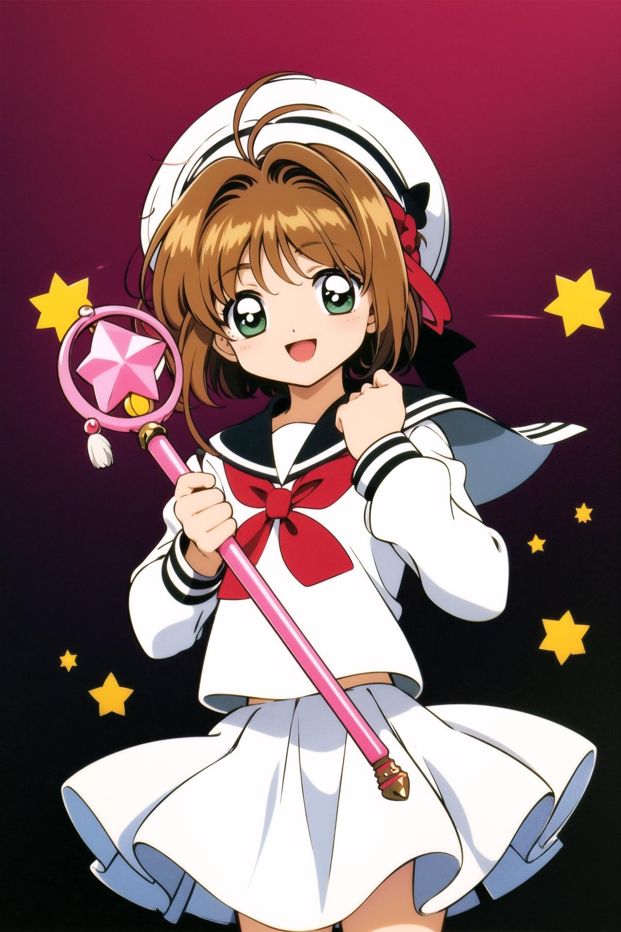 1girl, kinomoto sakura, brown hair, solo, school uniform, skirt, green eyes, tomoeda elementary school uniform, short hair, hat, white skirt, white headwear, magical girl,  antenna hair, smile, serafuku, pleated skirt, open mouth, looking at viewer,  cowboy shot, long sleeves, star (symbol), neckerchief, sailor collar, <lora:Card Captor Sakura Anime:0.8>