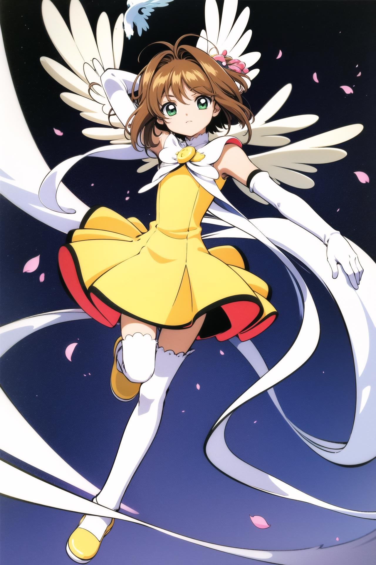 1girl, kinomoto sakura, solo, gloves, thighhighs, wings, brown hair, elbow gloves, dress, green eyes, full body, magical girl, short hair, white gloves, white thighhighs, yellow dress, <lora:Card Captor Sakura Anime:0.8>