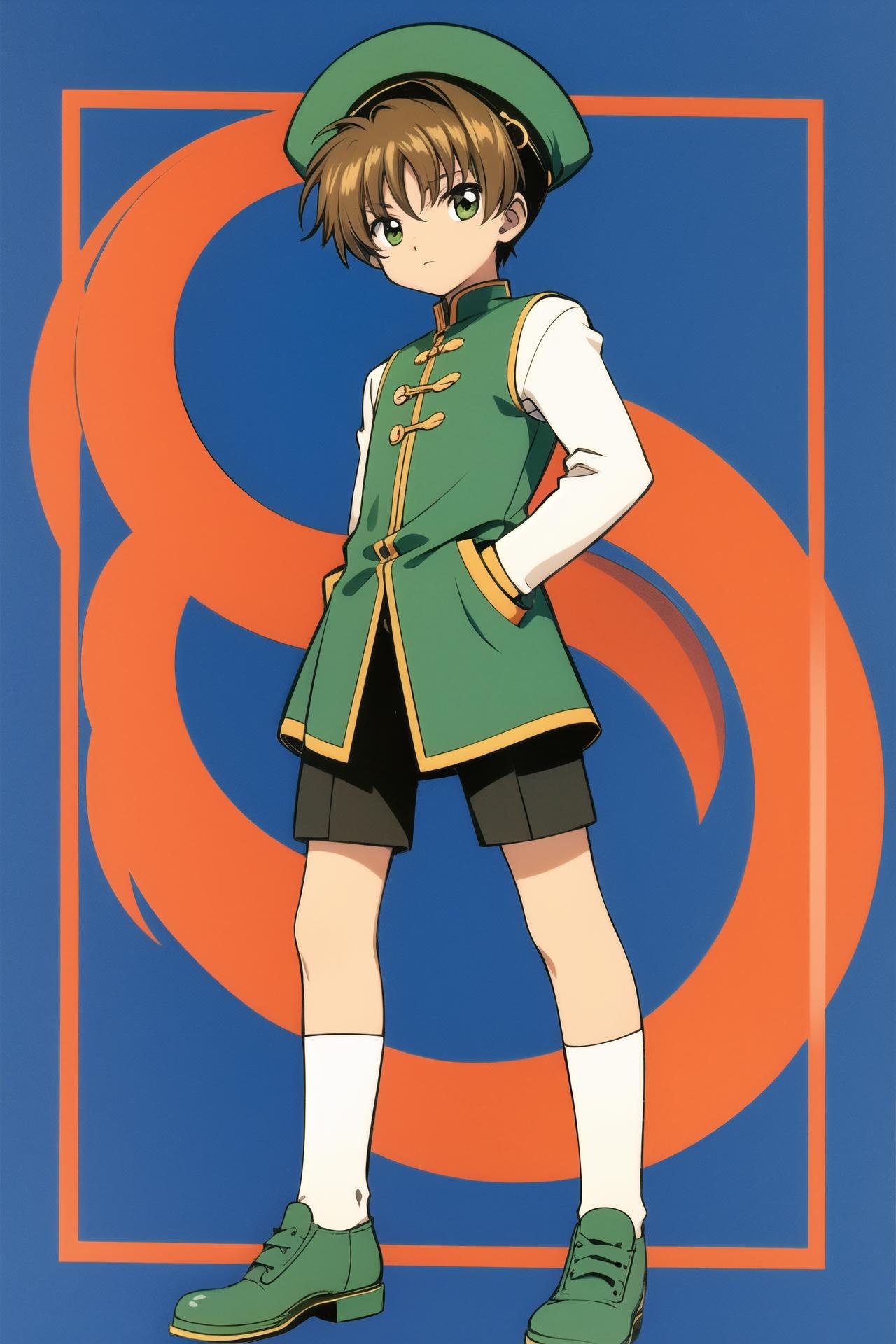 1boy, solo, Li Syaoran, brown hair,  hat, short hair,holding, blue background, full body, green footwear,   <lora:Card Captor Sakura Anime:0.8>