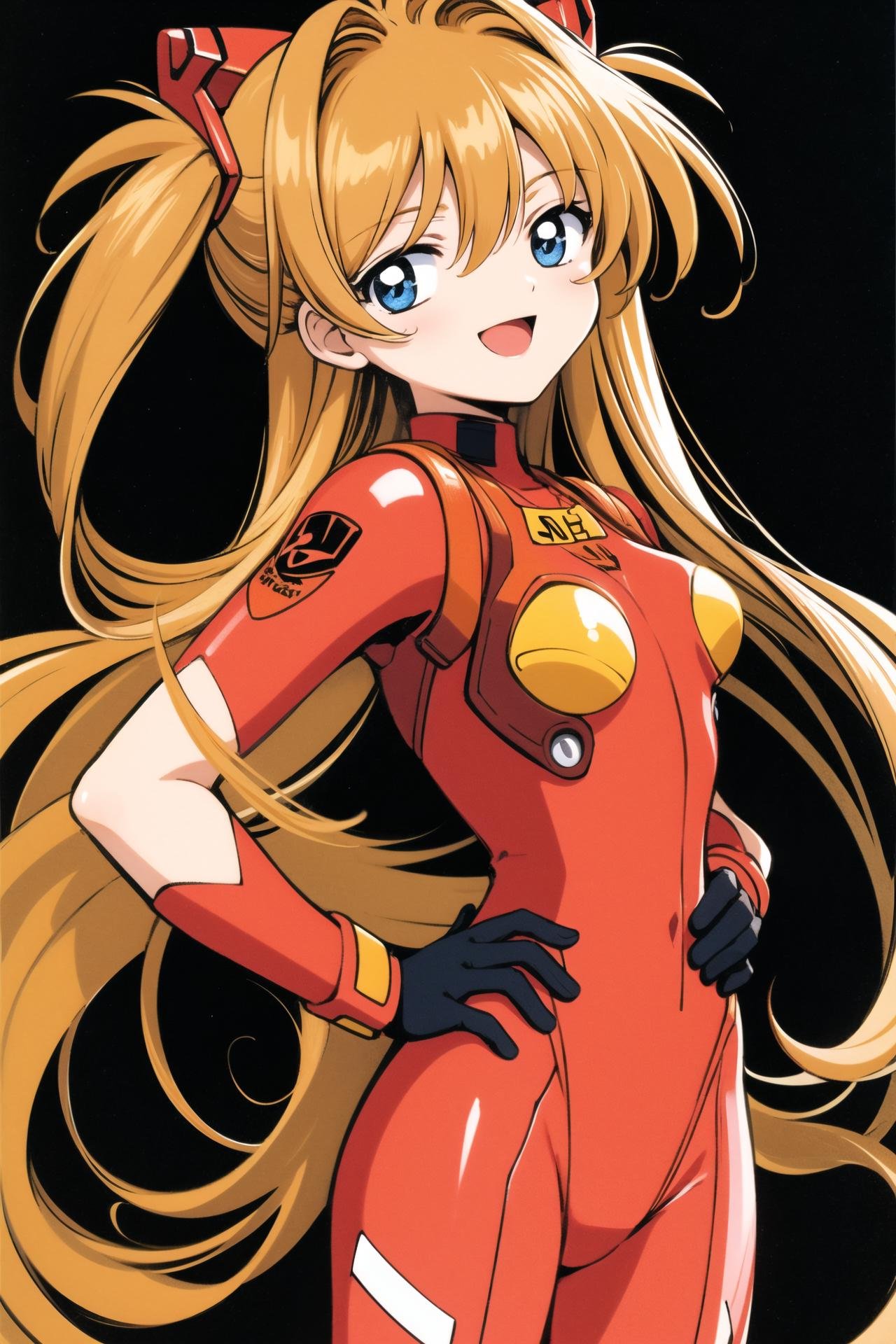 1girl, long hair, plugsuit, bodysuit, souryuu asuka langley, pilot suit, bracer, blue eyes, smile, open mouth, breasts, bangs, turtleneck, solo, cowboy shot, :d, hair between eyes, gloves, (red bodysuit:1.5), small breasts,looking at viewer, headgear, two side up, hand on hip, skinny, adjusting hair, narrow waist, standing, brown hair, science fiction,hand up, shiny clothes, hair ornament, happy, from side, shiny, skin tight, (simple background:1.5), (black background:1.5), <lora:Card Captor Sakura Anime:0.8>