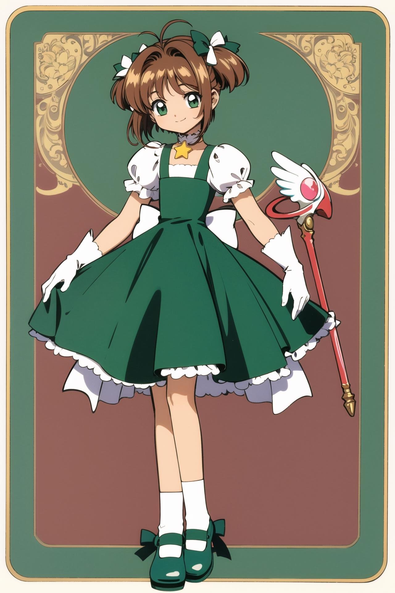 1girl, kinomoto sakura, dress, 1990s (style), full body, solo, holding, retro artstyle, puffy sleeves, gloves, short sleeves, white gloves, puffy short sleeves, striped, short hair, flower, ribbon trim, antenna hair, smile, wand, two side up, shoes, holding wand, standing, green eyes, looking at viewer, green footwear, ribbon, choker, bow, brown hair, green dress, bangs, closed mouth, magical girl, green bow, short twintails, yellow background, hair ornament, green ribbon, frills, vertical stripes, green choker, socks, white flower, striped dress, vertical-striped dress, ribbon choker, twintails, white dress, ribbon-trimmed sleeves, hair bow, star (symbol),   <lora:Card Captor Sakura Anime:0.8>