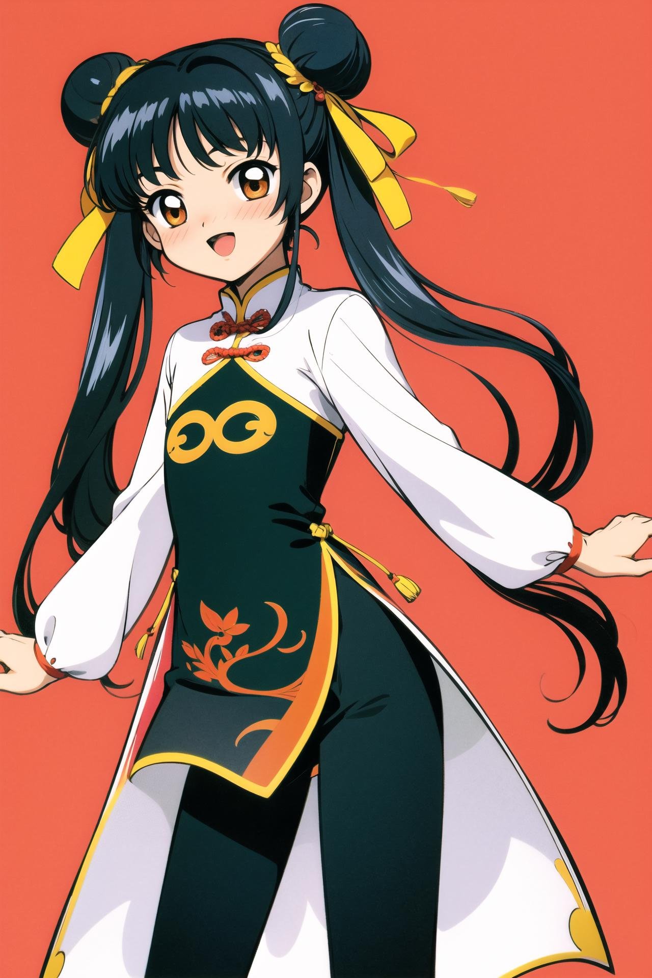 1girl, Li Meiling, solo, double bun, hair bun, black hair, long hair, brown eyes,  smile,  hair ribbon, open mouth, long sleeves, blush, chinese clothes,  bangs, twintails,  simple background, <lora:Card Captor Sakura Anime:0.8>