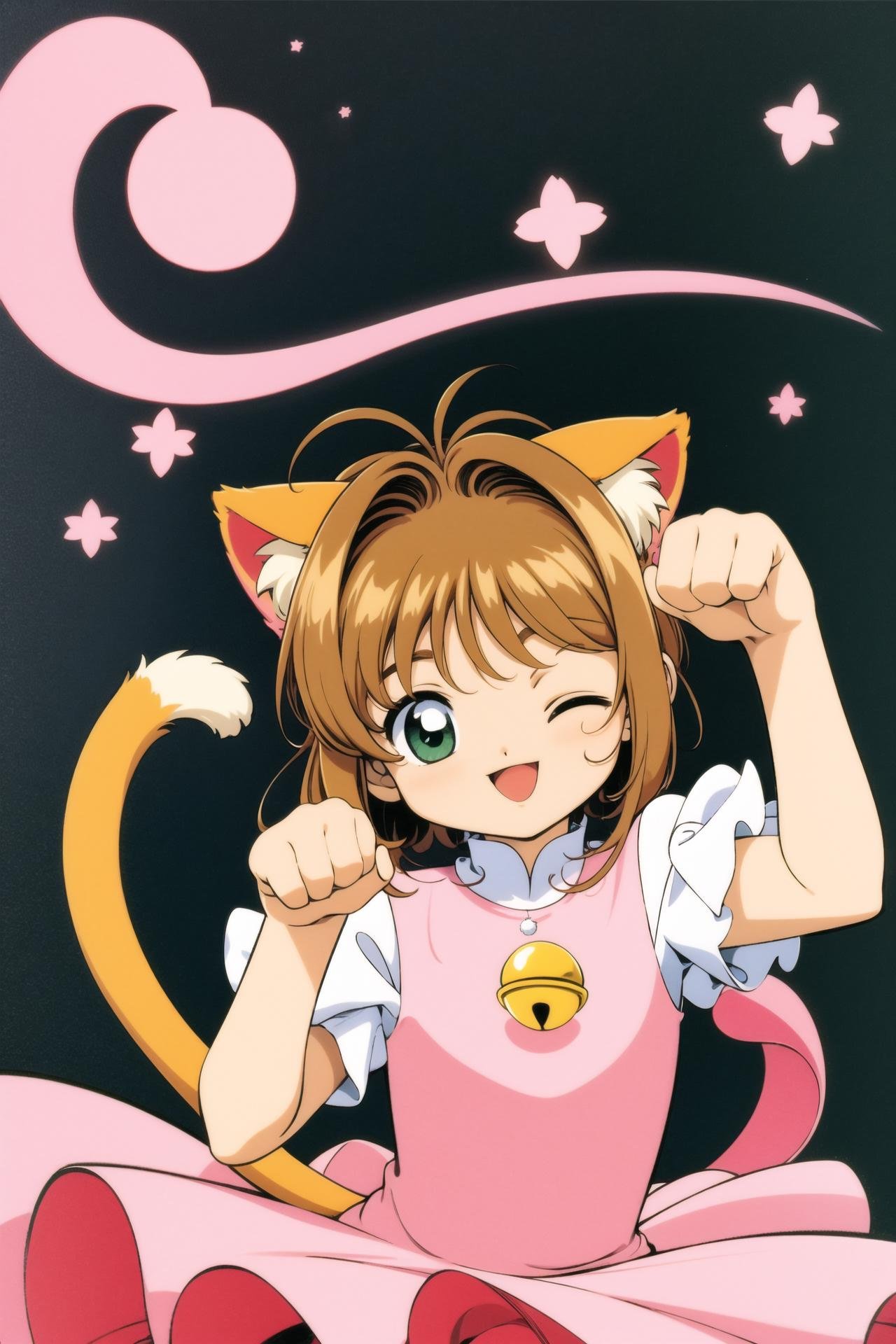 1girl, kinomoto sakura, animal ears, one eye closed, cat ears, solo, tail, brown hair, bell, green eyescat tail, magical girl, dress, paw pose, short hair, smile, open mouth, 1990s (style), retro artstyle, ;d, jingle bell, wand, looking at viewer, pink dress, antenna hair,   <lora:Card Captor Sakura Anime:0.8>