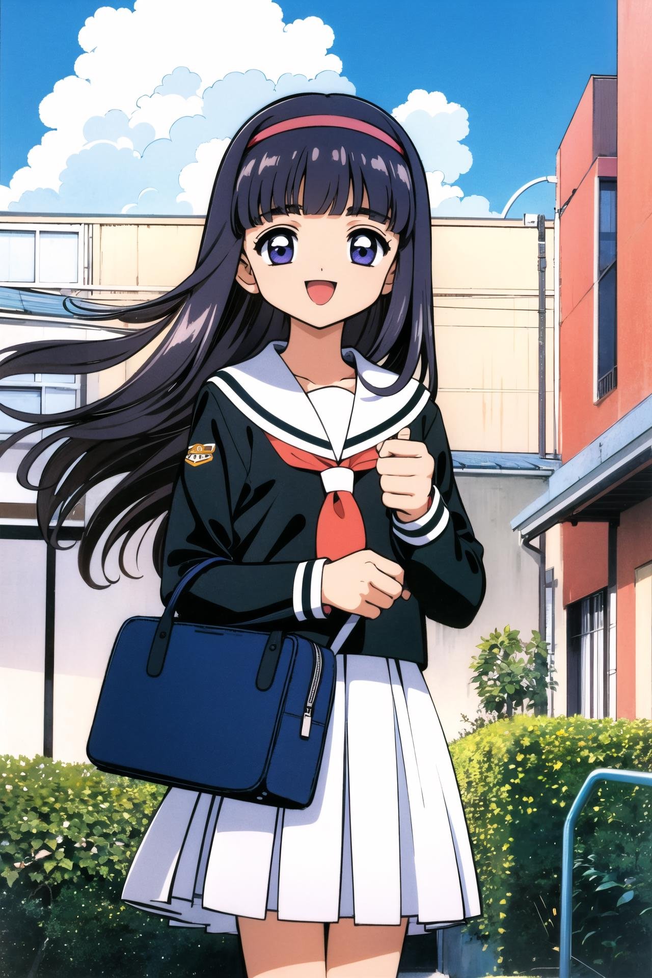 1girl, daidouji tomoyo, skirt, school uniform, white skirt, solo, long hair, pleated skirt, smile, bangs, hairband, tomoeda elementary school uniform, holding, open mouth, long sleeves, cloud, blunt bangs, 1990s (style), day, leaf, retro artstyle, :d, sky, holding book, outdoors, book, white sailor collar, black shirt, shirt, standing, sailor collar, serafuku, blue sky, cowboy shot, blue eyes, looking at viewer, bag, black hairband, purple eyes,   <lora:Card Captor Sakura Anime:0.8>