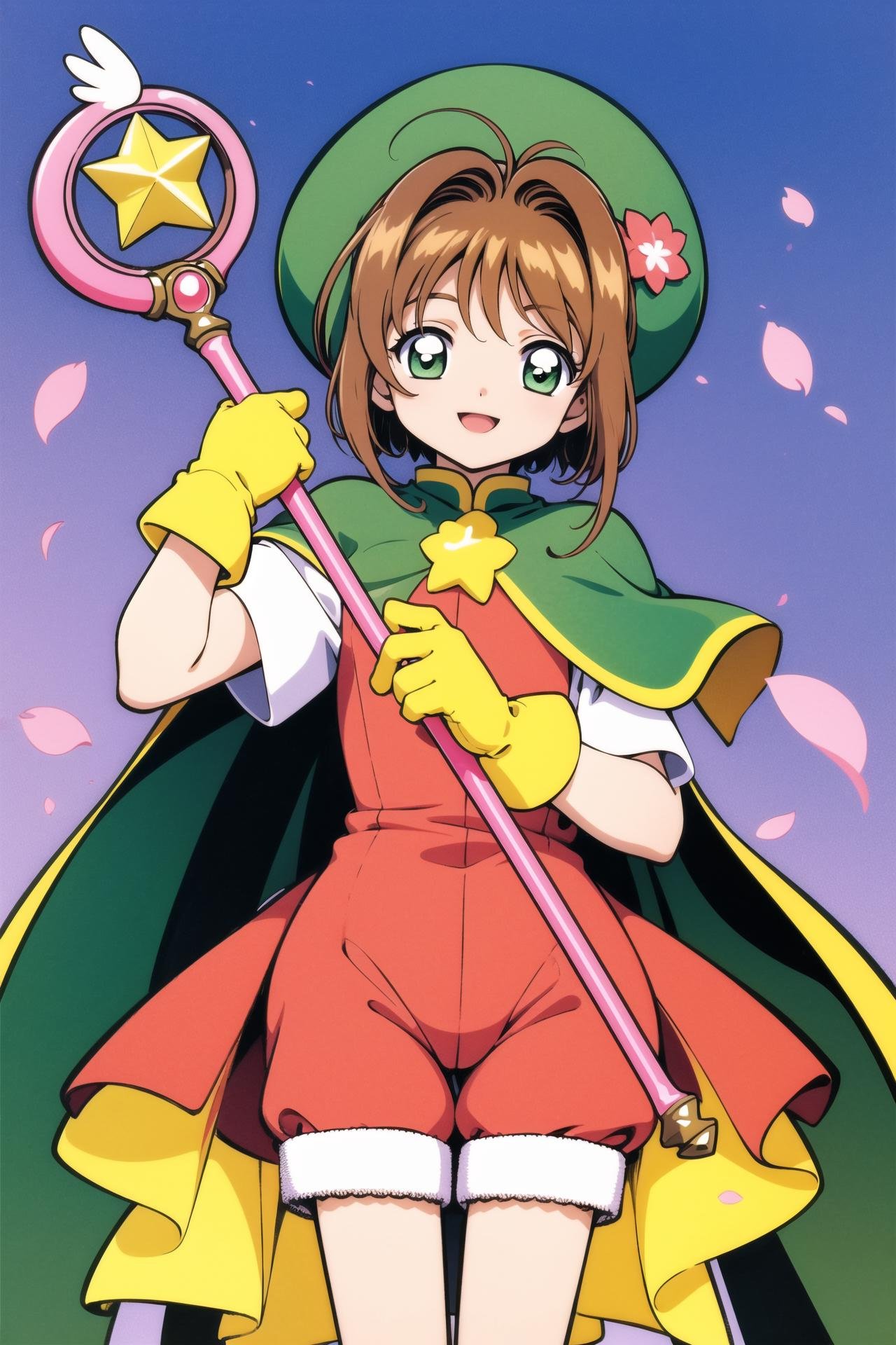 1girl, kinomoto sakura, brown hair, yellow gloves, solo, hat, green eyes, gloves, short hair, petals, magical girl, smile, blue headwear,  cape, open mouth, shorts, cowboy shot, looking at viewer, staff,   <lora:Card Captor Sakura Anime:0.8>