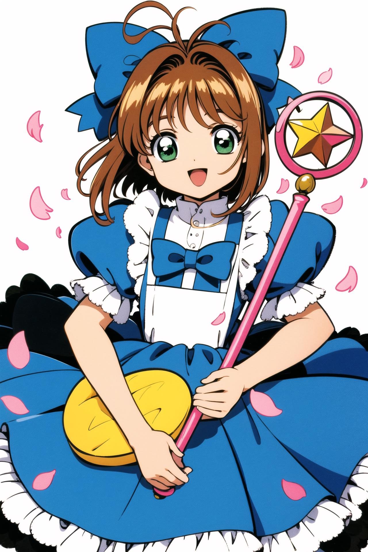 1girl, kinomoto sakura, dress, 1990s (style), blue dress, retro artstyle, puffy sleeves, green eyes, open mouth, solo, bow, holding, short sleeves, puffy short sleeves, brown hair, petals, fuuin no tsue, smile, short hair, apron, looking at viewer, frills, :d, blue bow, antenna hair, hair bow, white background, bangs, white bow, hairband, petticoat, frilled dress, white apron, simple background, magical girl, wand, frilled apron, cowboy shot, blue hairband, female child, holding wand, traditional media, <lora:Card Captor Sakura Anime:0.8>