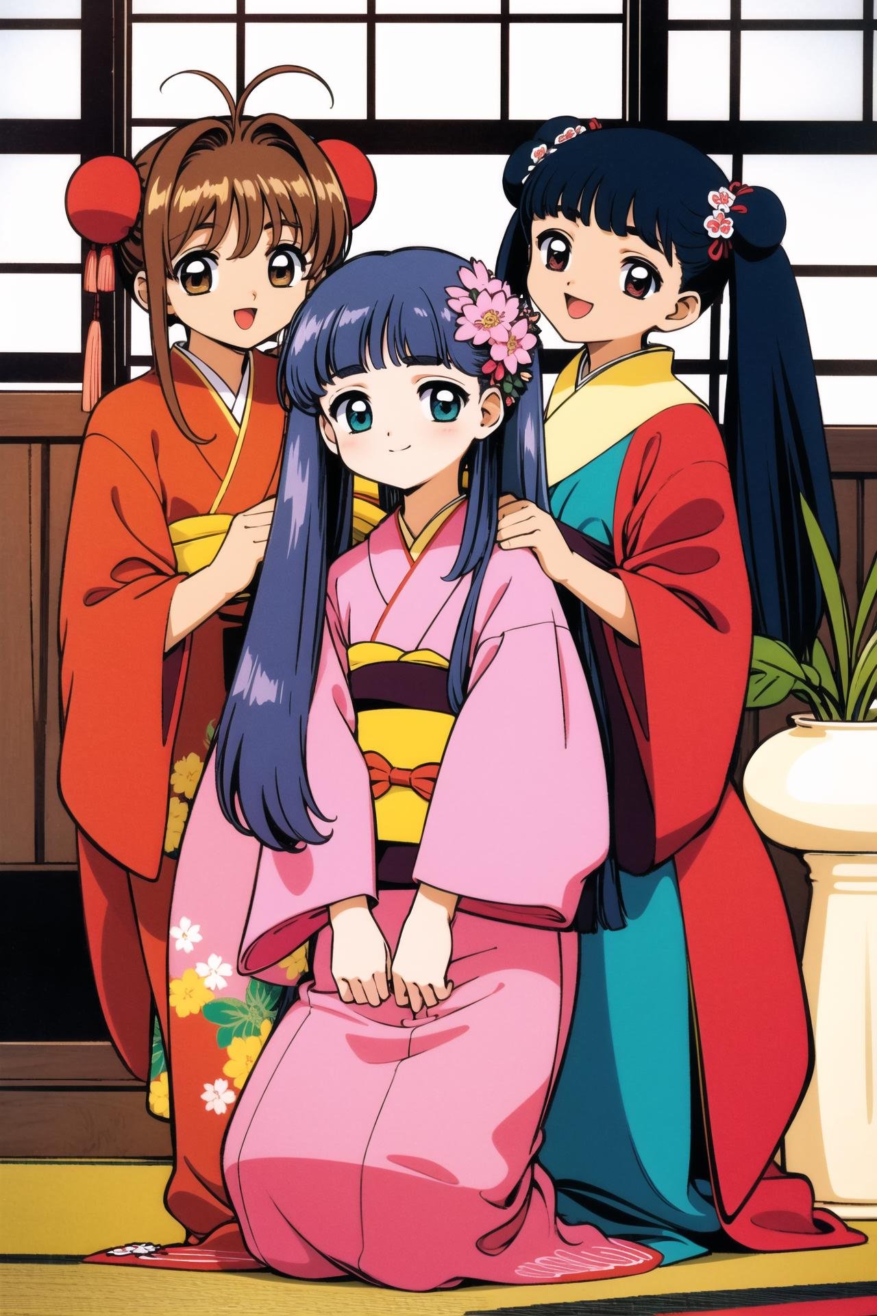 multiple girls, chinese clothes, double bun, daidouji tomoyo, hair bun, china dress, 3girls, Li Meiling, long hair, smile, brown hair, floral print, dress, bangs, japanese clothes, hair ornament, kimono, 1990s (style), flower, blue dress, open mouth, kinomoto sakura, green eyes, twintails, hair flower, blue hair, sitting, bow, blue eyes, short hair, retro artstyle, :d, sash, blunt bangs, long sleeves, indoors, seiza, looking at viewer, hair intakes, short sleeves, red bow, hair bow, antenna hair, blue kimono, standing, obi, black hair, kneeling, wide sleeves, red eyes, closed mouth, grey hair, pink flower, print kimono, vase, bun cover, brown eyes,   <lora:Card Captor Sakura Anime:0.8>