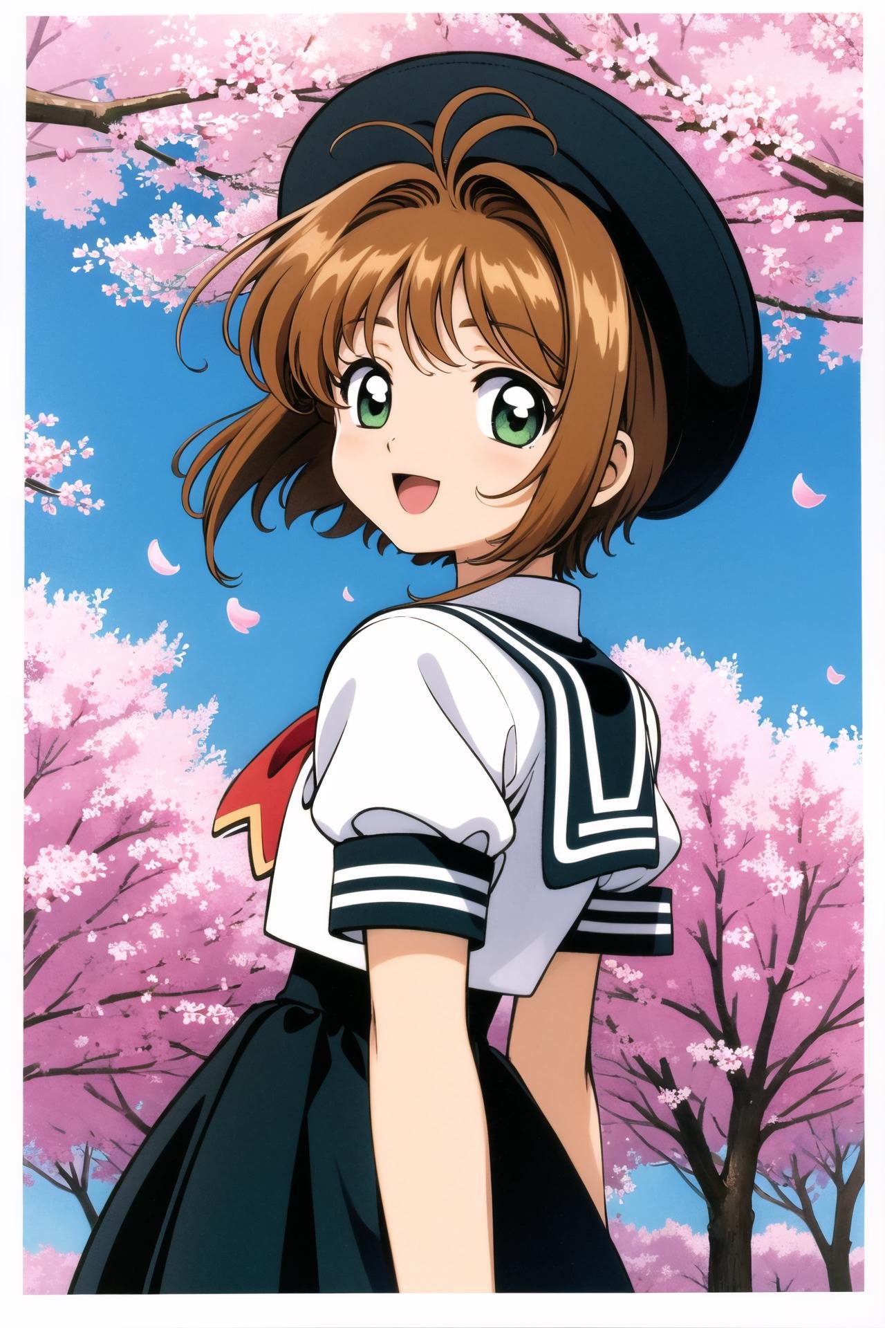 1girl, kinomoto sakura, solo,tomoeda elementary school uniform, green eyes, brown hair, skirt, school uniform, open mouth,  hat, short sleeves, short hair, looking at viewer, smile, petals, puffy sleeves, black skirt, puffy short sleeves, antenna hair,  white headwear, looking back, cherry blossoms, sailor collar, :d, white shirt, shirt, bangs, arms behind back,   <lora:Card Captor Sakura Anime:0.8>