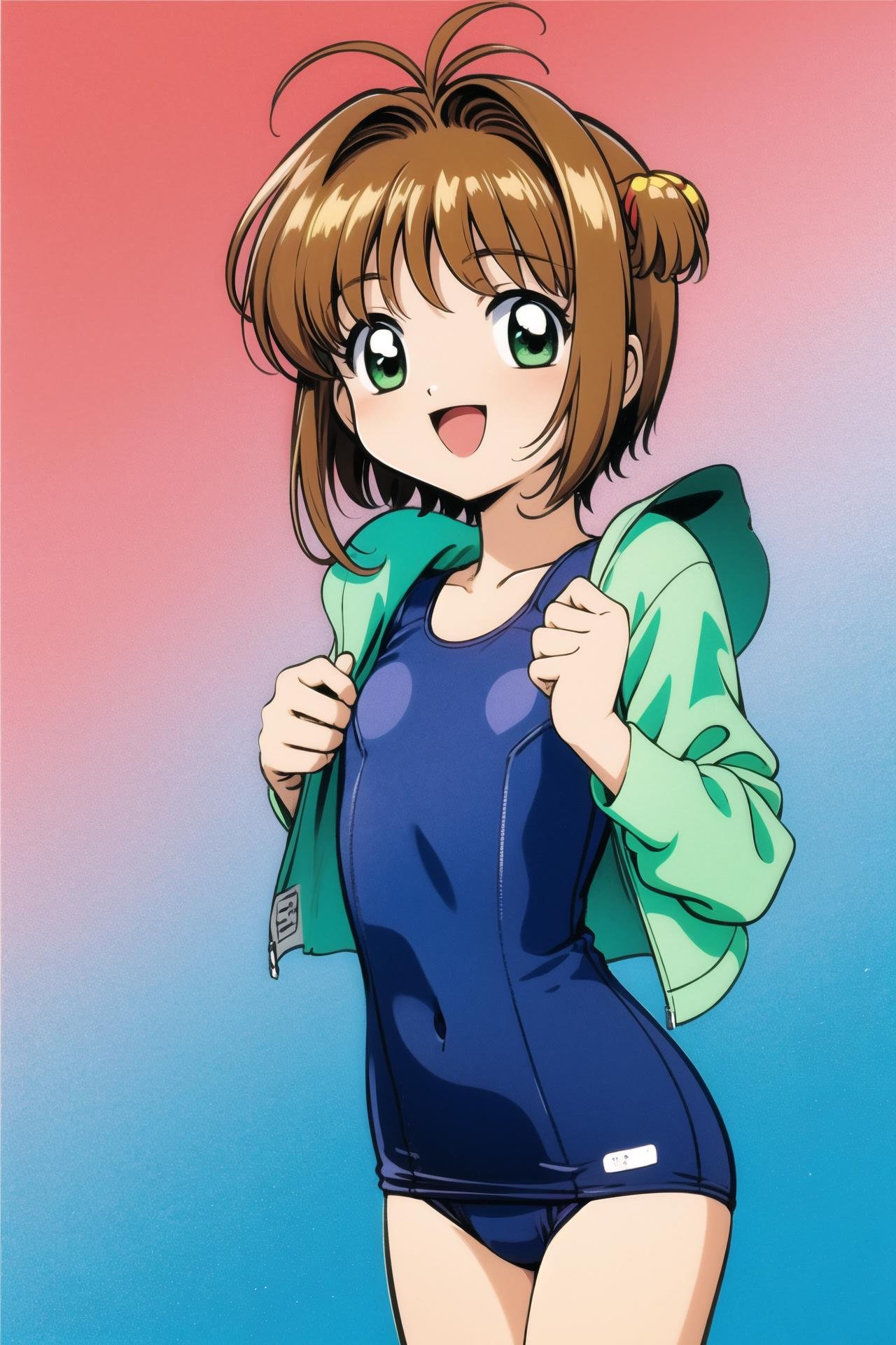 1girl, solo, swimsuit, one-piece swimsuit, brown hair, kinomoto sakura, school swimsuit, green eyes,gradient background, gradient, short hair, open mouth, smile, antenna hair, blue one-piece swimsuit, looking at viewer, standing, :d,   <lora:Card Captor Sakura Anime:0.8>