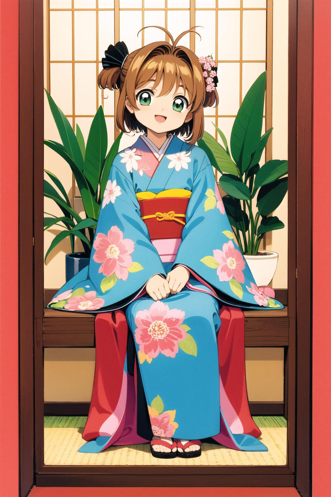 kinomoto sakura, 1girl, japanese clothes, seiza, kimono, brown hair, floral print, flower, vase, long sleeves, obi, green eyes, sitting, sash, 1990s (style), indoors, bangs, antenna hair, short hair, smile, looking at viewer, kero, retro artstyle, hair intakes, hand fan, open mouth, potted plant, print kimono, plant, hair ornament, wide sleeves, full body, solo, head tilt, :d, orange kimono, two side up, zabuton, female child, ribbon, picture frame,   <lora:Card Captor Sakura Anime:0.8>