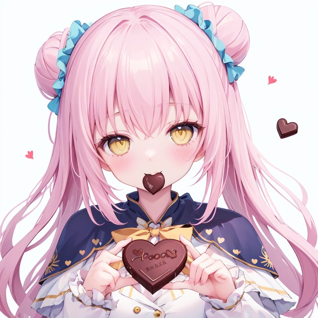 1girl,solo,pink hair,wrist scrunchie,scrunchie,yellow eyes,heart,single side bun,long hair,looking at viewer,blush,white dress,dress,food,hair bun,breasts,heart-shaped chocolate,mouth hold,bangs,chocolate,capelet,candy,hair ornament,bow,blue bow,white capelet,white background,smile,upper body,simple background,food in mouth,