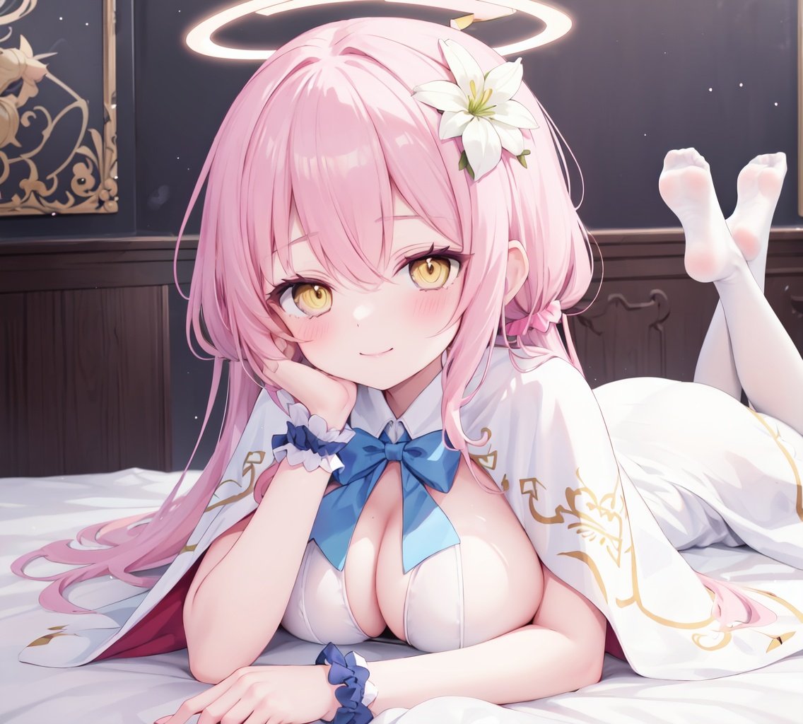 1girl, solo, pink hair, yellow eyes, bow, lying, long hair, looking at viewer, blush, breasts, mika (blue archive), blue bow, v, on stomach, scrunchie, bangs, hair ornament, dress, smile, wrist scrunchie, large breasts, white dress, bowtie, closed mouth, hair flower, flower, blue bowtie, hand on own face, white pantyhose, hand on own cheek, halo, no shoes, pantyhose, capelet, head rest, indoors, foreshortening