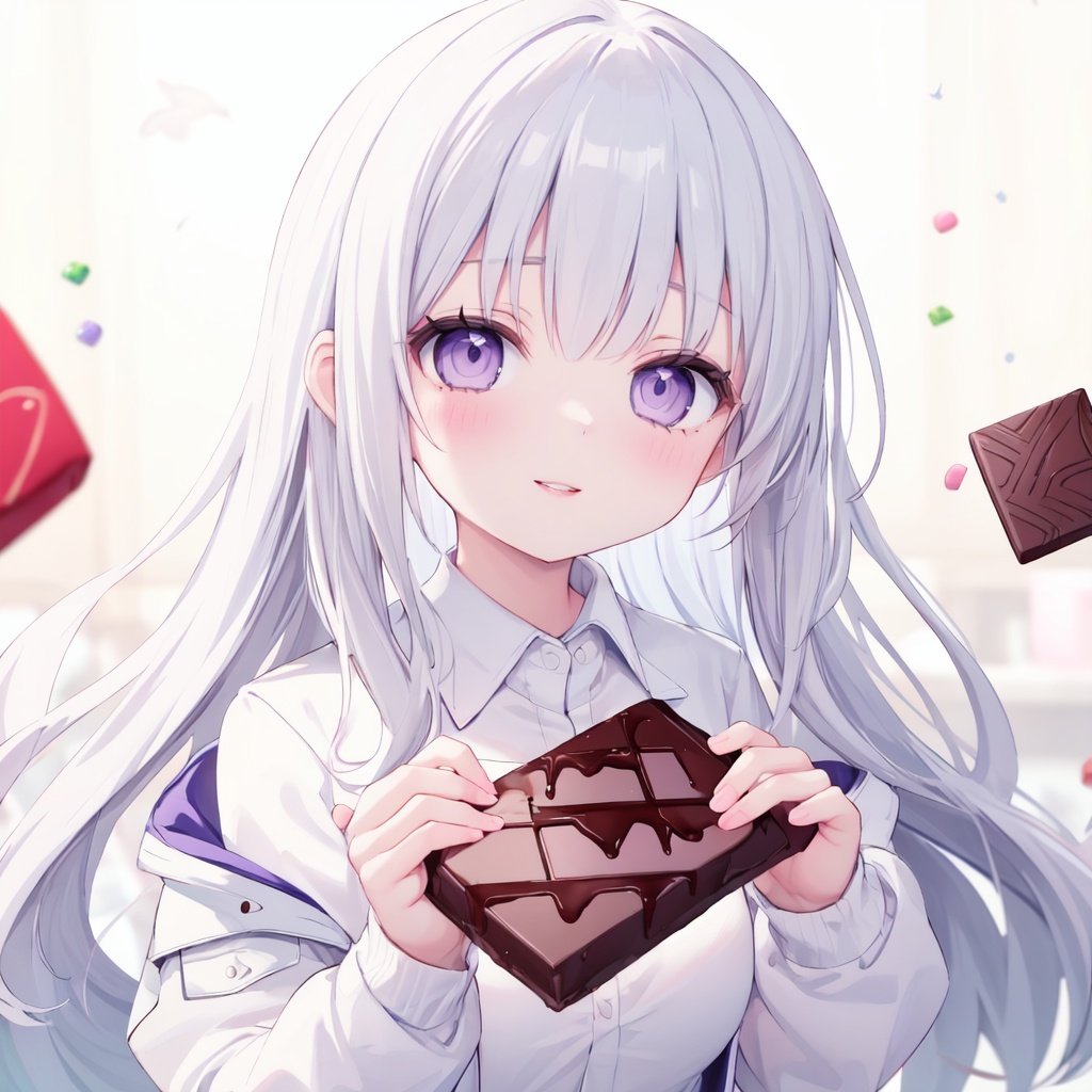 1girl,solo,holding,white jacket,jacket,long hair,purple eyes,bangs,food,chocolate,shirt,looking at viewer,very long hair,open jacket,long sleeves,white hair,white shirt,upper body,blush,breasts,holding food,open clothes,blurry,parted lips,collared shirt,depth of field,closed mouth,valentine,smile,blurry background,medium breasts,candy,white hair,