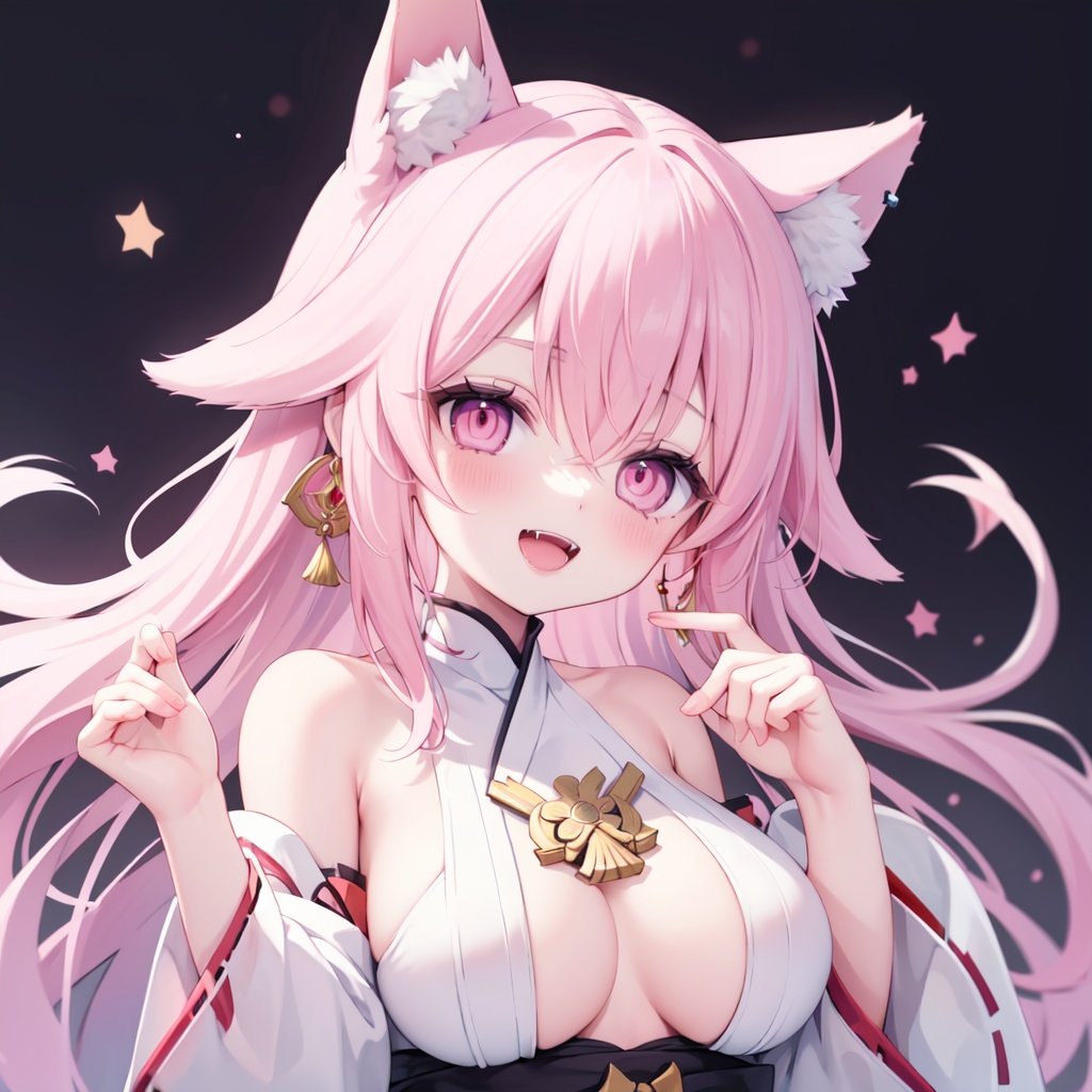 1girl,solo,pink hair,yae miko,blush,looking at viewer,open mouth,long hair,smile,hair between eyes,jewelry,fangs,bangs,hair ornament,bare shoulders,pink eyes,earrings,upper body,hands up,fox ears,:d,teeth,animal ears,