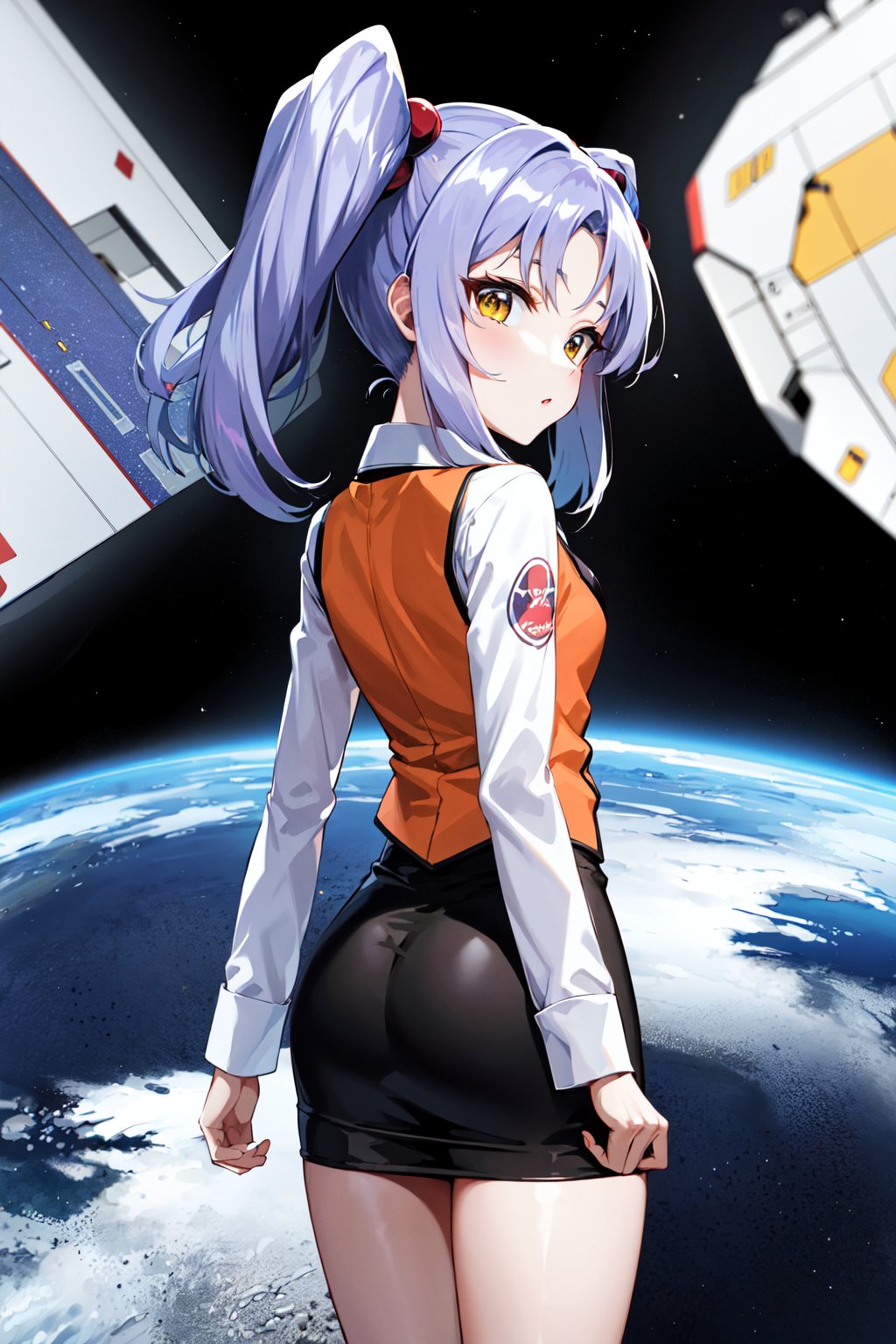 masterpiece, best quality, highres, aaruri, black necktie, orange vest, long sleeves, black skirt, <lora:hoshino_ruri_v1:0.7>, from behind, looking at viewer, spacecraft, standing