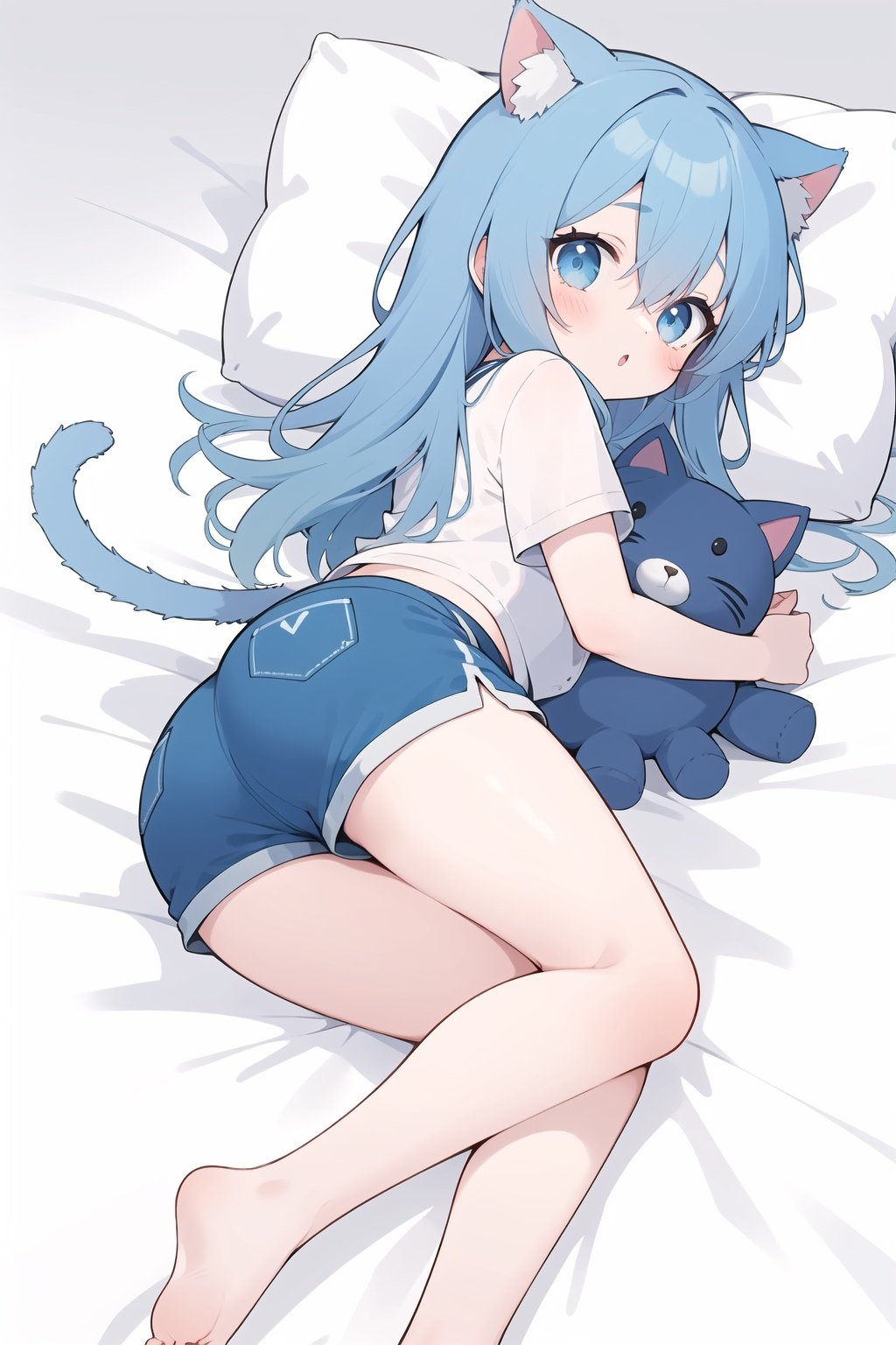 1girl, striped shorts, cat tail, stuffed cat, solo, shirt, blue hair, legs up, stuffed toy, blue eyes, cat ears, shorts, cat girl, stuffed animal, short shorts, animal ears, tail, bangs, lying, on back, white shirt, long hair, short sleeves, blue shorts, feet out of frame, looking at viewer, striped, hair between eyes, blush, parted lips, bed sheet, ass, :o, pillow, eyebrows hidden by hair