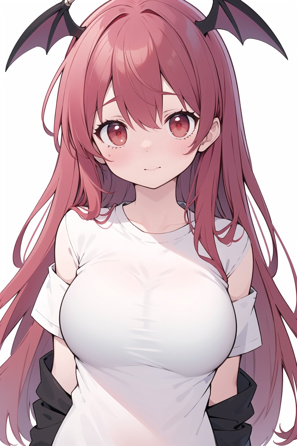  Koakuma, T-shirt, off shoulder, no legwear, upper body, arms at sides, large breasts, Red hair, red eyes, (Shy: 1.2),