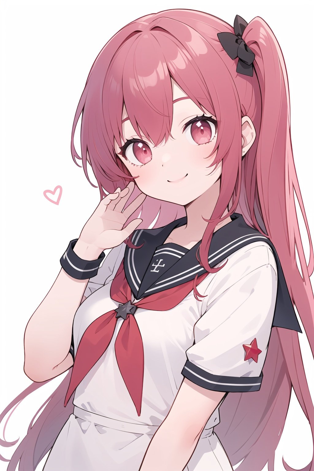  👋, simple background, white background, pentagram, pink eyes, red neckwear, red hair, hair over shoulder, long hair, asymmetrical hair, serafuku, sailor dress, upper body, smile, seductive smile