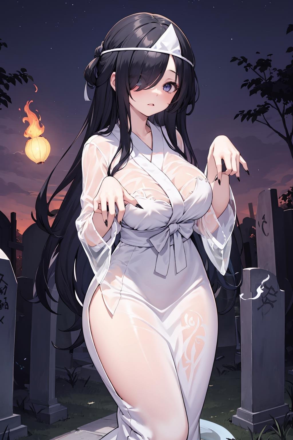 1girl,solo,large breasts, ghost costume, hitodama, triangular headpiece, ,<lora:japaneseGhostCostumeTriangularHeadpiece:1> , night, tombstone, graveyard,, sleeves past fingers, long sleeves, very long sleeves, claw pose, ghost, ghost tail, black hair, pale skin, very long hair, hair over one eye, (((see-through))) silhouette, 