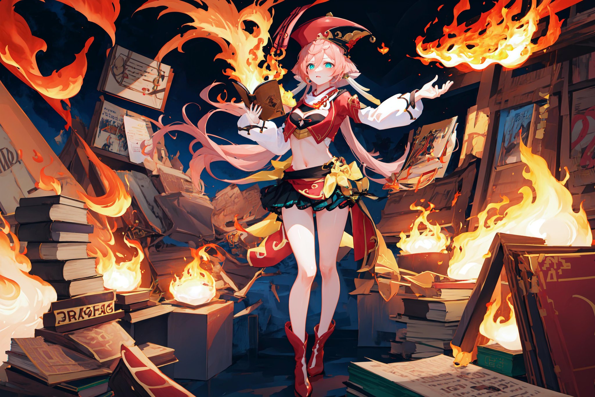 masterpiece, best quality, ultra-detailed, 1girl, yanfei, (fire:1.2),long hair, hat, crop top, miniskirt, magic, book, night, standing, legs, full body, red footwear , holding<lora:yanfeiV1>