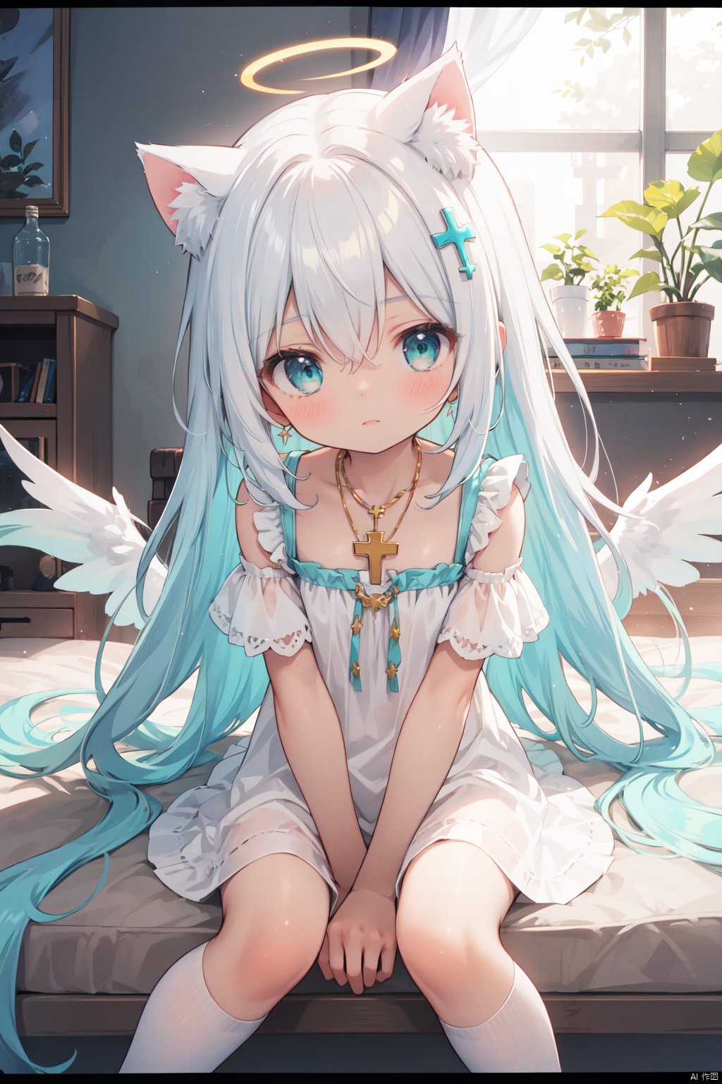  {masterpiece},white hair,yellow eyes,aqua eyes,looking up,stockings,dark skin,long hair,hime cut,messy hair,floating hair,demon wings,halo,cross necklace,holy,divinity,shine,holy light,cat girl,(loli),(petite),solo,cozy anime,houtufeng,letterboxed