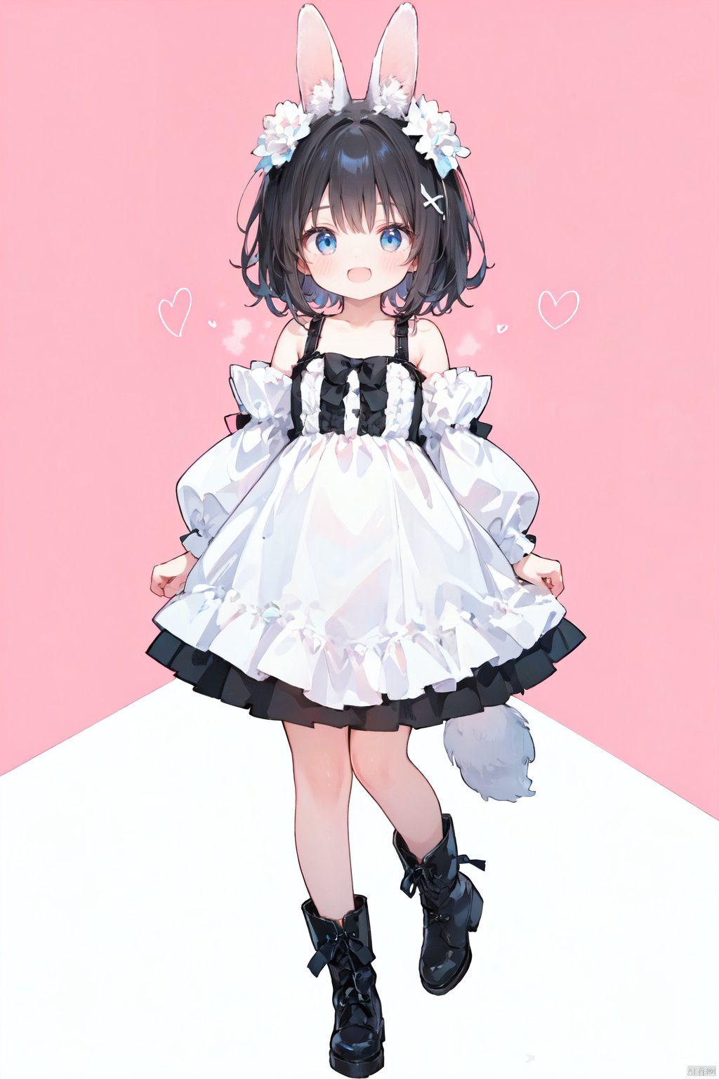 1girl, animal_ears, black_dress, black_footwear, black_hair, blue_eyes, blush, boots, bow, dress, frills, full_body, juliet_sleeves, knee_boots, long_sleeves, looking_at_viewer, open_mouth, pink_background, puffy_sleeves, rabbit_ears, red_background, short_hair, simple_background, smile, solo, standing, white_legwear