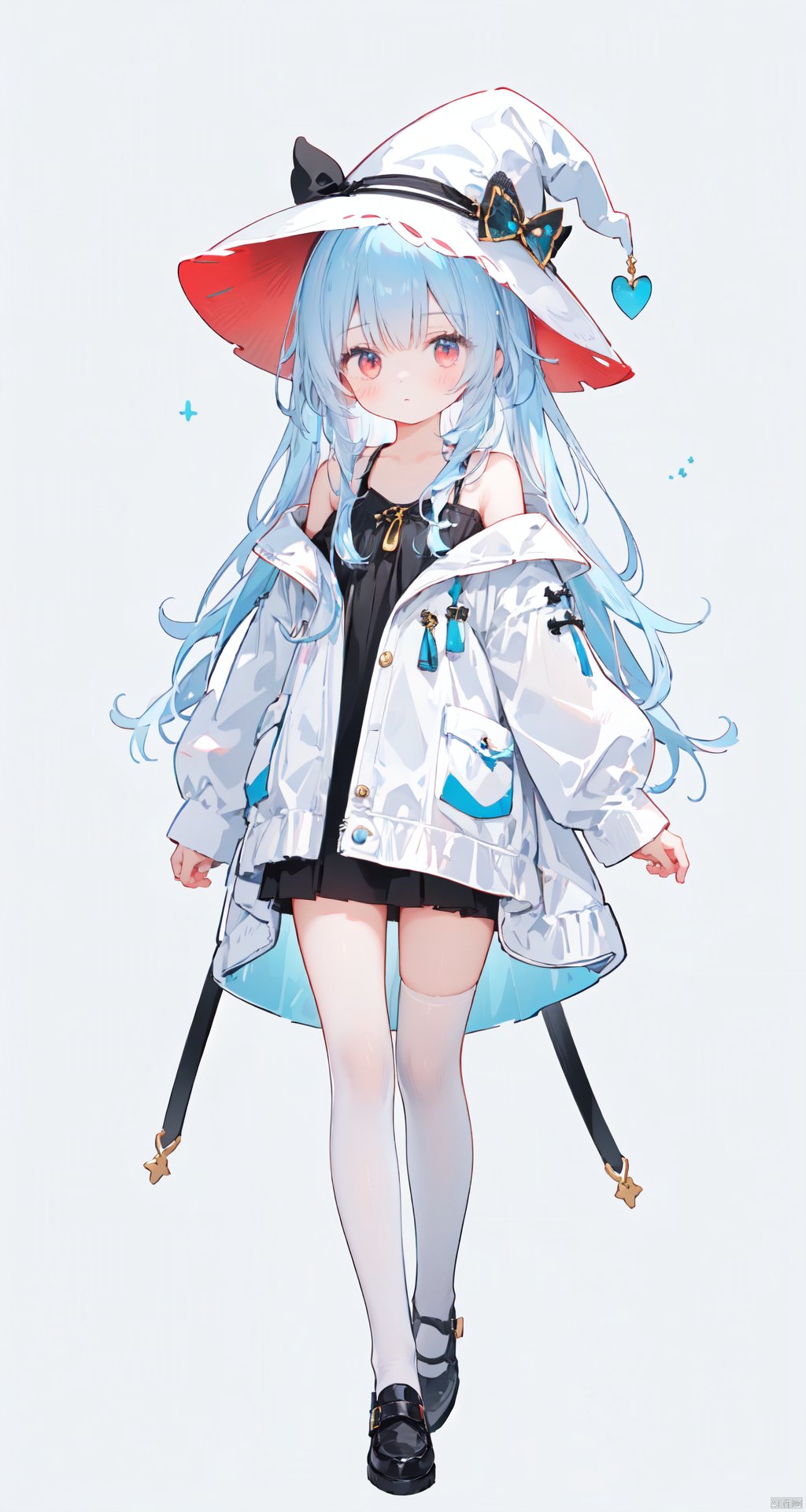  1girl, bangs, bare shoulders, black footwear, black legwear,red eyes, grey background,long sleeves, looking at viewer, puffy sleeves,blue hair, shoes, solo,white jacket,white witch hat,