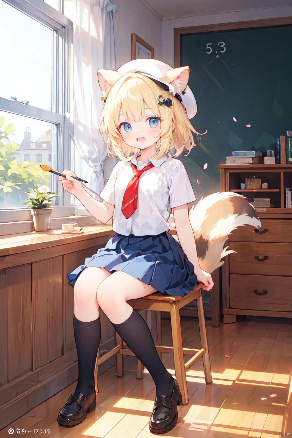 loli,petite,1girl, animal, animal_ears, artist_name, beret, black_legwear, blonde_hair, blue_eyes, blue_skirt, blush, breasts, canvas_\(object\), chair, copyright_name, cup, desk, dog, dog_tail, easel, flower, hair_ornament, hat, heart, holding, kneehighs, logo, looking_at_viewer, necktie, open_mouth, paintbrush, petals, pleated_skirt, red_headwear, school_uniform, shirt, shoes, short_hair, sitting, skirt, smile, squirrel, stool, table, tail, watch, watermark, window, wristwatch