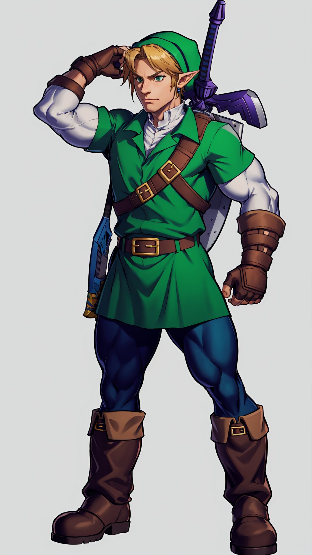 hat, green tunic, belt, fingerless gloves, boots, weapon on back

Beefcake, huge pecs, absurdres, masterpiece, full body shot, ootLink,ootLink