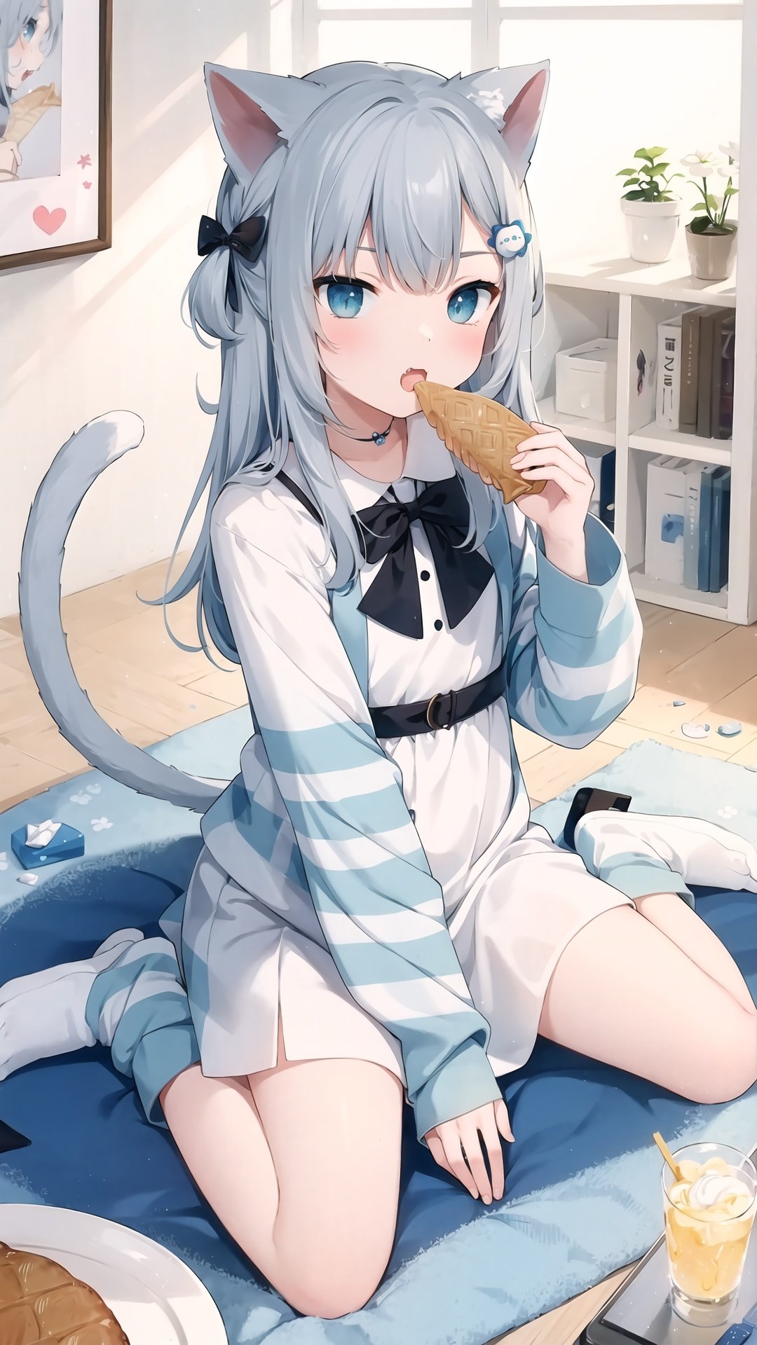 1girl, taiyaki, food, eating, cat ears, wagashi, animal ears, grey hair, wariza, blue eyes, cat girl, sitting, slippers, striped, solo, long hair, bottle, hair ornament, long sleeves, tail, bangs, cat tail, striped socks, holding, looking at viewer, wide sleeves, dress, socks, bow, white dress, virtual youtuber, fang, black bow